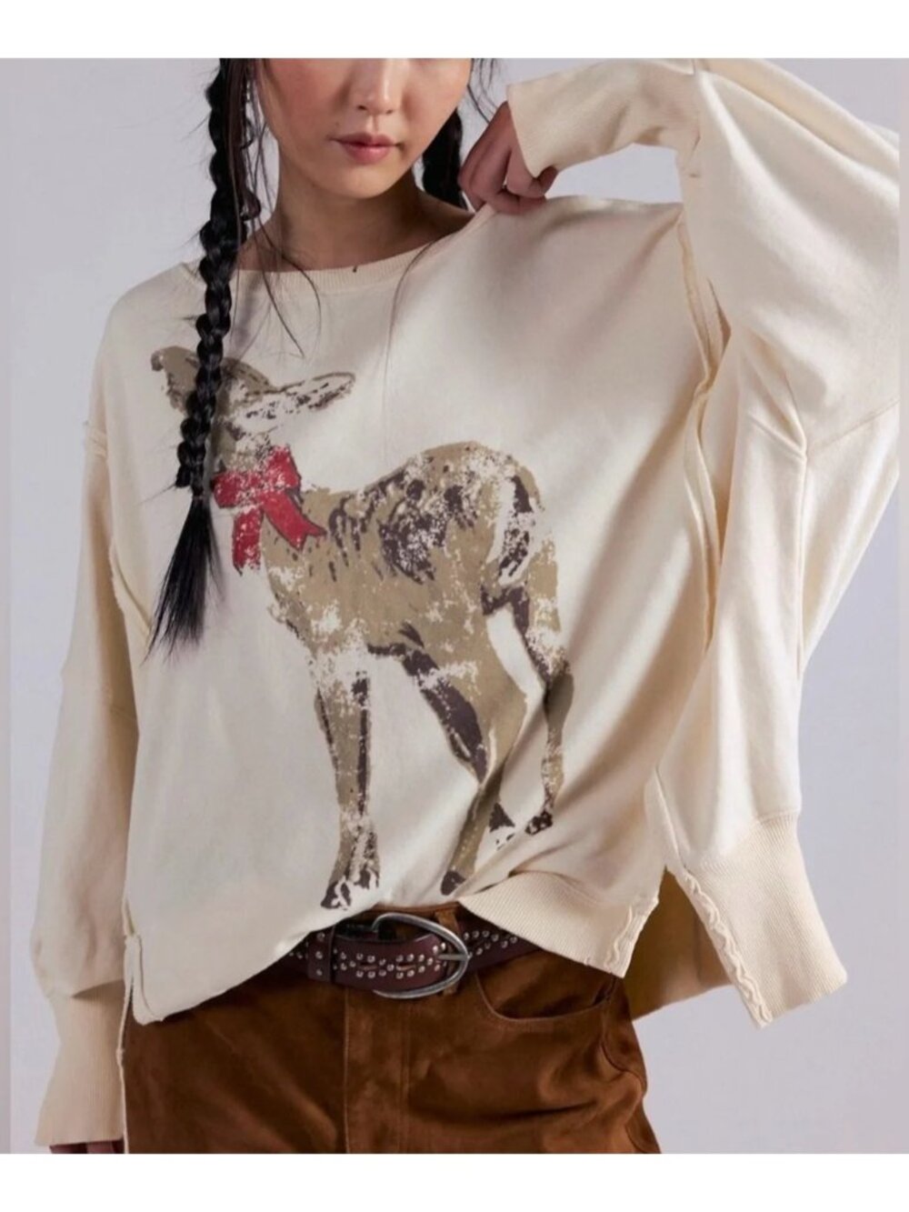 Free People Graphic Camden Pullover Casual Athleisure Deer Festive Cozy Womens S